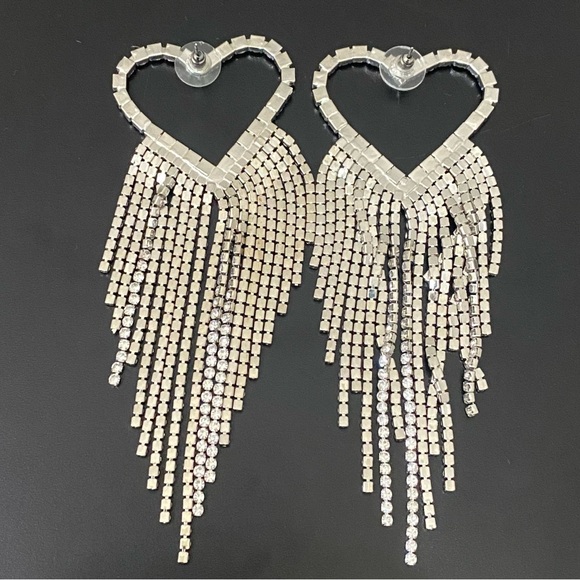 Unsigned Silver-tone Heart Fringe Tassel Bling Rhinestones Drop Earrings 25g. - Picture 8 of 13